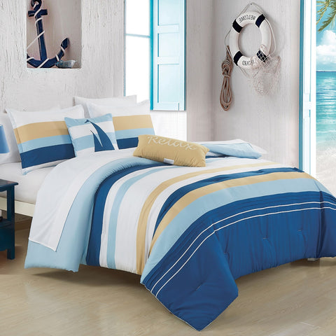 9 Piece Comforter Set Blue White Beige Striped Sea Life Marine Modern Embroidery Soft Bedding