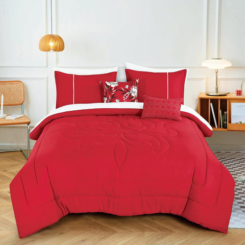 9 Piece Bed-in-a-Bag Red Quilted Solid Soft Bedding Comforter Set