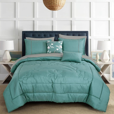 9 Piece Bed-in-a-Bag Blue Floral Solid Soft Bedding Comforter Set