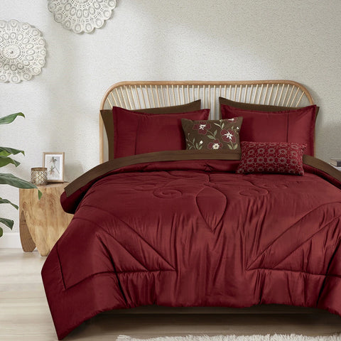 9 Piece Bed-in-a-Bag Burgundy Floral Solid Soft Bedding Comforter Set