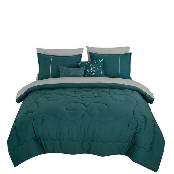 9 Piece Bed-in-a-Bag Teal Green Floral Solid Soft Bedding Comforter Set