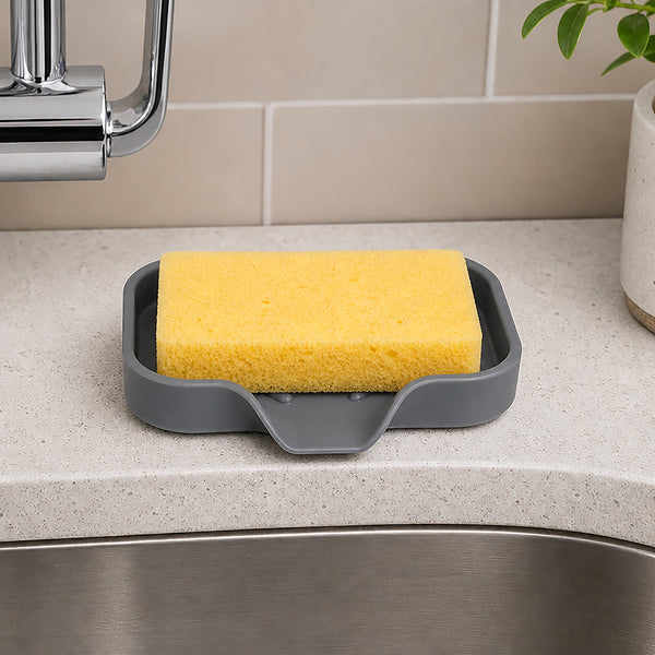Set of 2 - Silicon Grey Sponge Holder Sink Bathroom Organizer Mat With Drain Spout