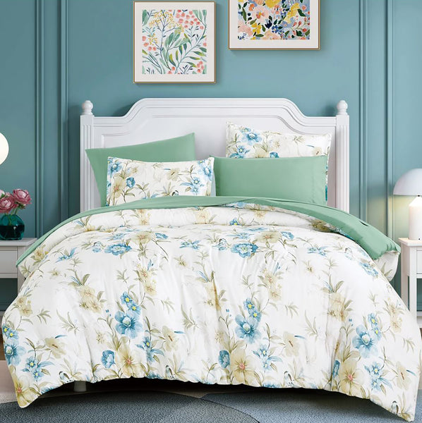 7 Piece Green Floral Modern Comforter Set Soft Bedding