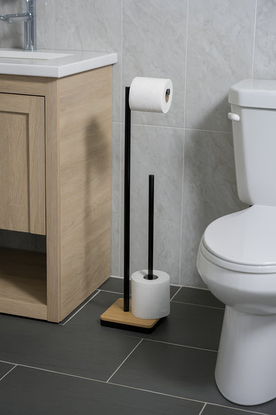 28" Tall - Matte Black Bamboo & Iron Toilet Paper Holder and Reserve