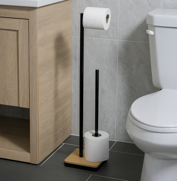 28" Tall - Matte Black Bamboo & Iron Toilet Paper Holder and Reserve