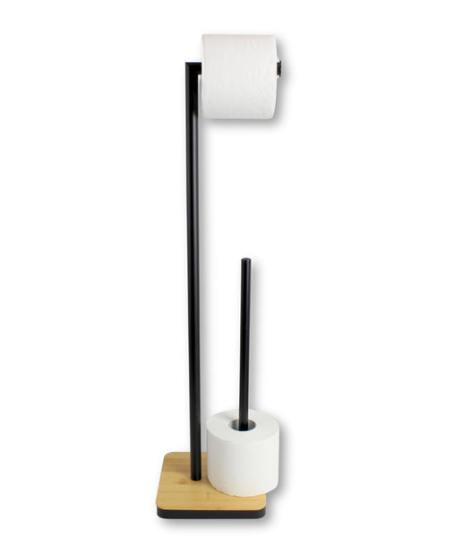 28" Tall - Matte Black Bamboo & Iron Toilet Paper Holder and Reserve
