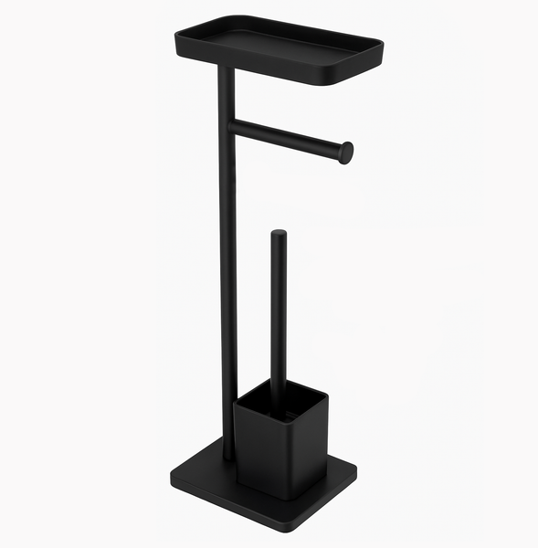 26" Tall - Matte Black Toilet Paper Holder Stand With Phone/Wipes Shelf & Toilet Brush