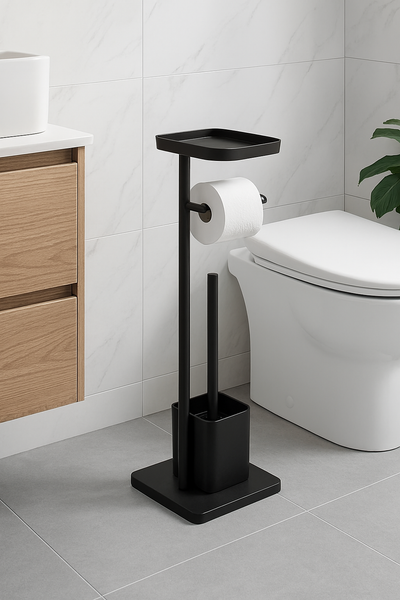 26" Tall - Matte Black Toilet Paper Holder Stand With Phone/Wipes Shelf & Toilet Brush