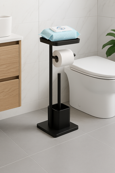 26" Tall - Matte Black Toilet Paper Holder Stand With Phone/Wipes Shelf & Toilet Brush