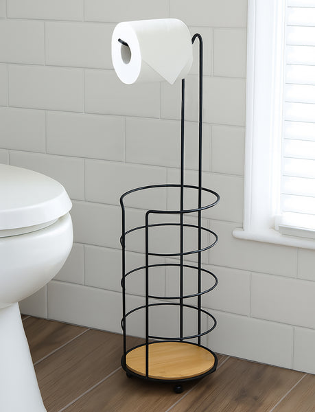 25" Tall - Matte Black Bamboo Toilet Paper Storage Stand Holder