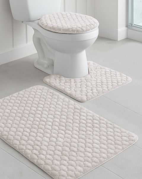 Beige Textured Ultra Soft Non-Slip Absorbent Geometric Bathroom Bath Mat Set