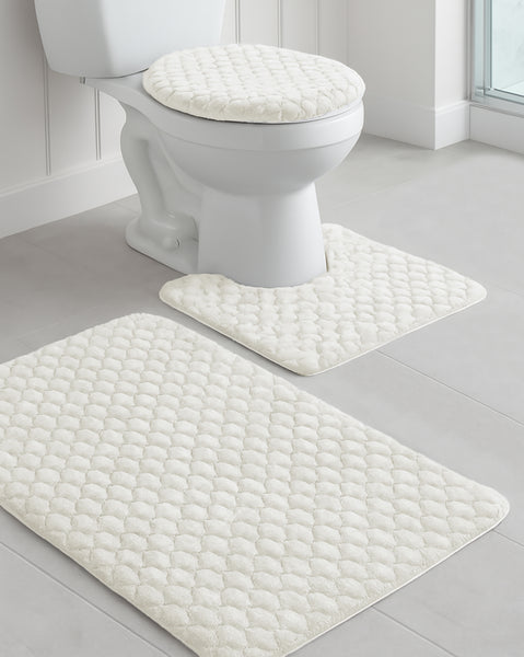 Ivory Textured Ultra Soft Non-Slip Absorbent Geometric Bathroom Bath Mat Set