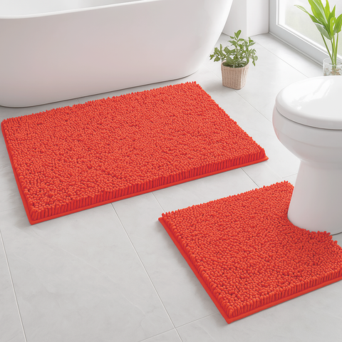 2 Piece Set Coral Soft Cozy Plush Chenille Bath Mat Bathroom Rug