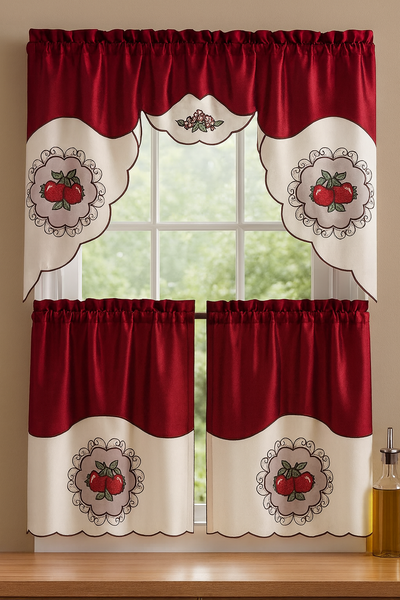 Burgundy Red Apples Embroidery Kitchen Curtain 3PC Set Swag & Tiers Set
