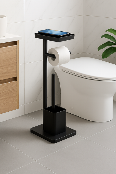 26" Tall - Matte Black Toilet Paper Holder Stand With Phone/Wipes Shelf & Toilet Brush