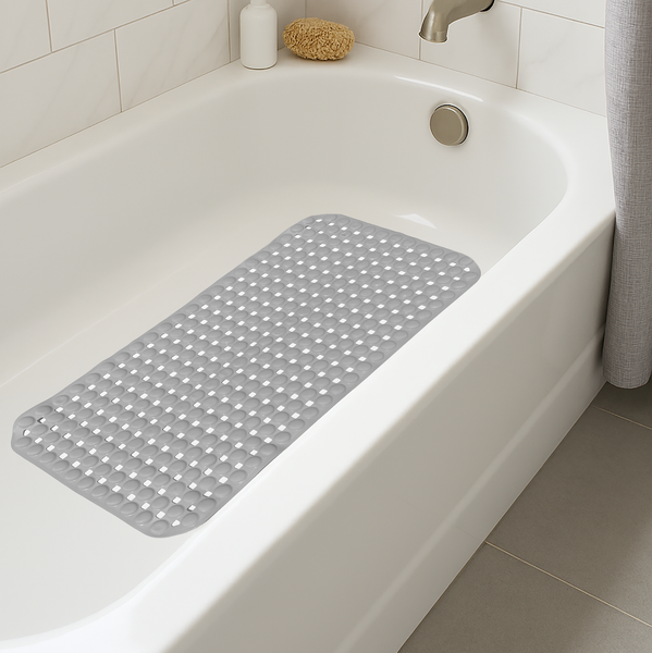 Grey Geometric Circles Vinyl Non-Slip Bathtub Shower Mat With Suction Cups -27" x 15"