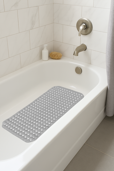 Grey Geometric Circles Vinyl Non-Slip Bathtub Shower Mat With Suction Cups -27" x 15"