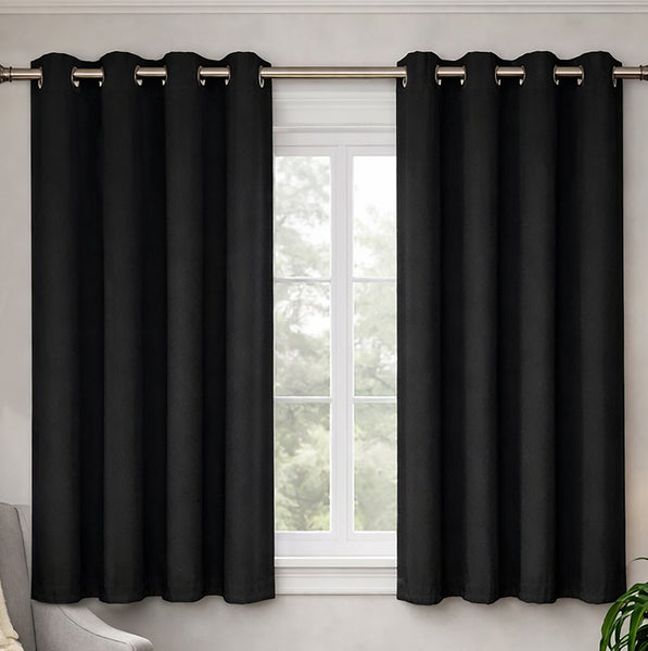 2 Piece Solid Black Blackout Grommet Curtain Panel Set - 63" Long