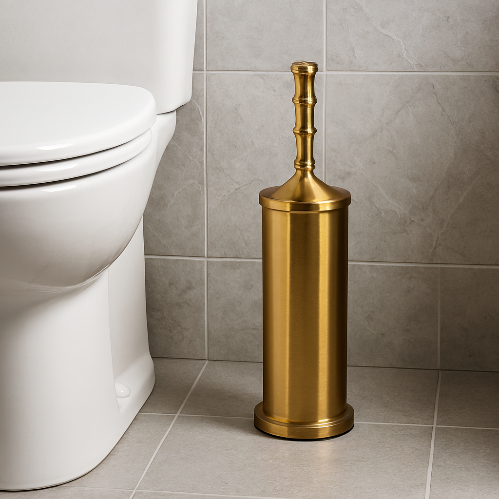 16" Tall Stainless Steel Gold Toilet Brush Set with Holder