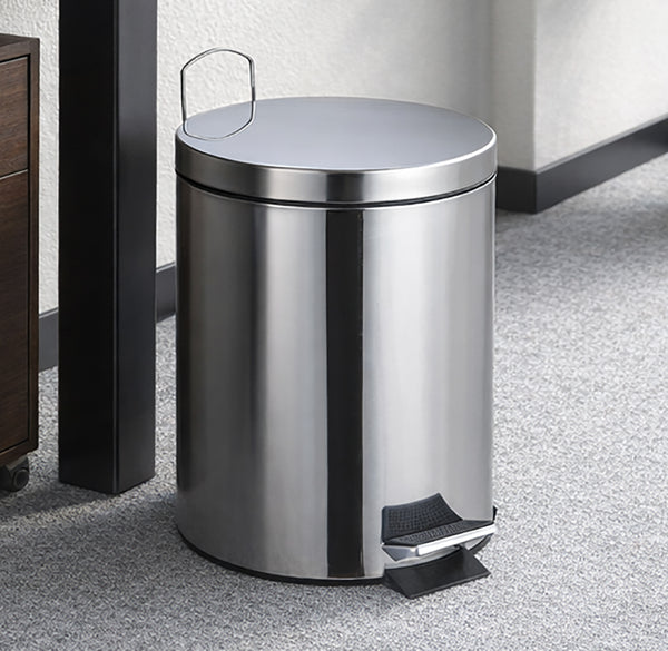 10.5" Tall Chrome Stainless Steel Step Garbage Can with Removable Inner Bucket, Soft-Close Metal Waste Basket with Foot Pedal