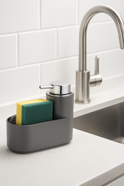 Grey Kitchen Soap Dispenser Caddy Set with Sponge & Scrubber