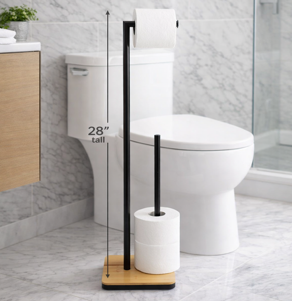 28" Tall - Matte Black Bamboo & Iron Toilet Paper Holder and Reserve