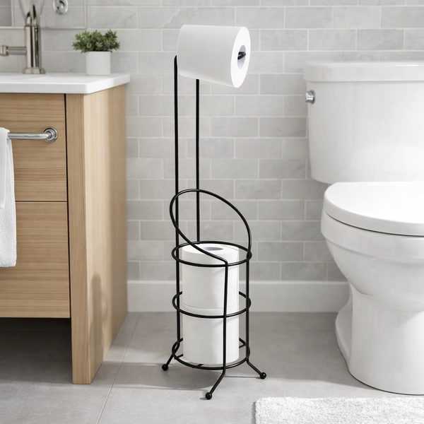 24" Tall - Matte Black Toilet Paper Storage Stand Holder With Reserve