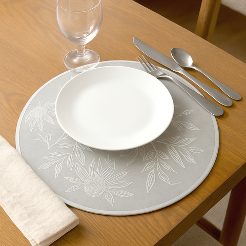 Silver Grey Floral Easy-to-Clean Round Vinyl Placemat - Set of 4