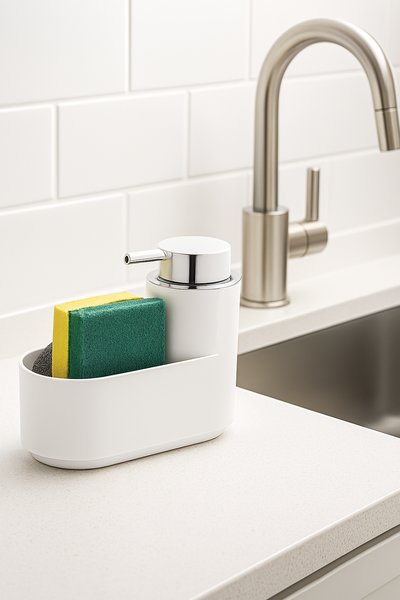 White Kitchen Soap Dispenser Caddy Set with Sponge & Scrubber