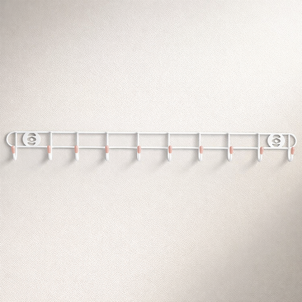 White Pink All Purpose Mounted Hook Rail Hanger Hanging Rack 10 Hooks Organizer