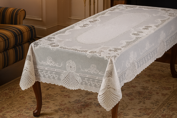 60"x90" White Vinyl Tablecloth Floral Laced Table Cloth Cover Waterproof