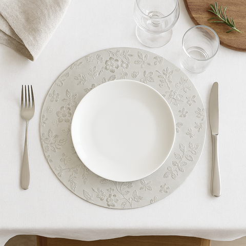 Silver Grey Floral Easy-to-Clean Round Vinyl Placemat - Set of 4