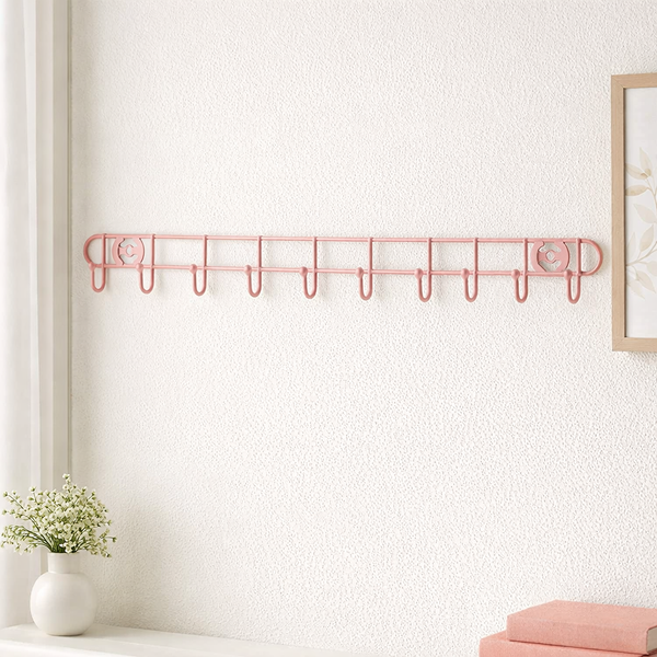 Pink All Purpose Mounted Hook Rail Hanger Hanging Rack 10 Hooks Organizer