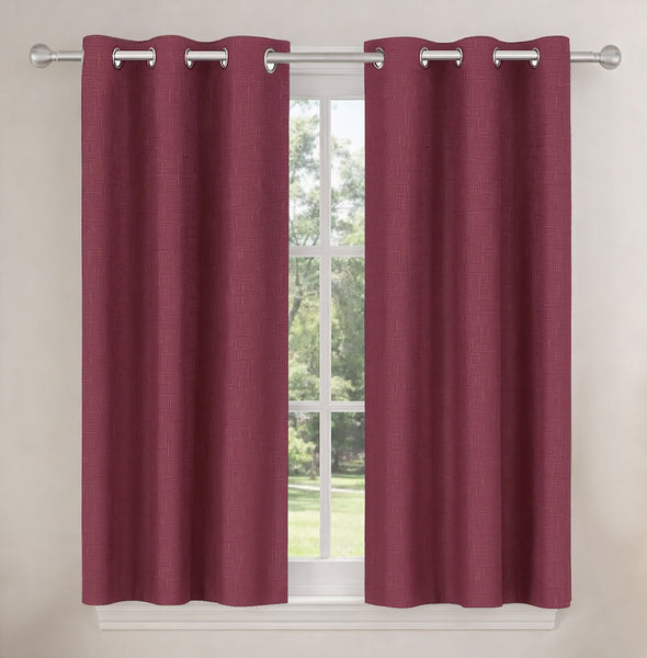 2 Piece Solid Burgundy Geometric Blackout Grommet Curtain Panel Set - 63" Long