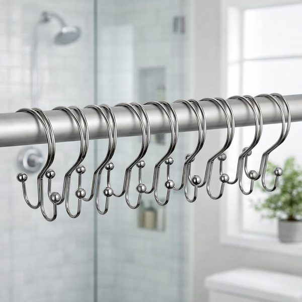 12 Piece Set - Silver Chrome Heavy Duty Double Ear Shower Curtain Hooks Rings Rustproof Metal