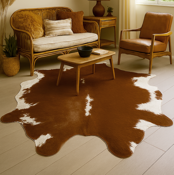 6' x 7' Feet Brown White Cowhide Handmade Soft Large Cow Hide Cow Skin Leather Animal Area Rug
