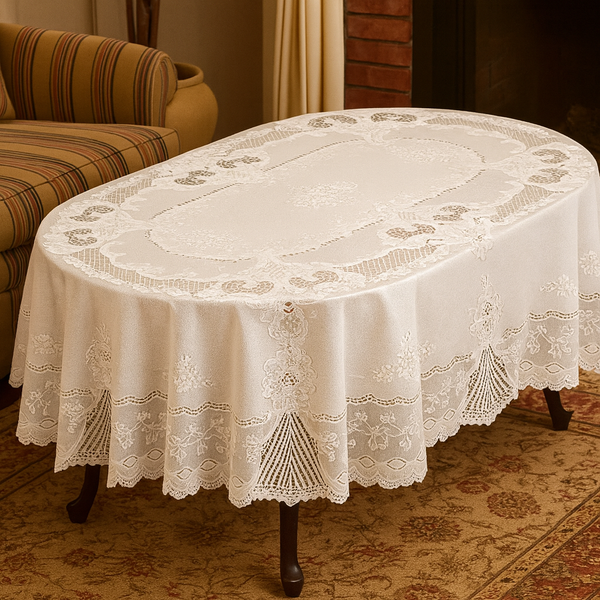 54"x72" Oval White Vinyl Tablecloth Floral Laced Table Cloth Cover Waterproof