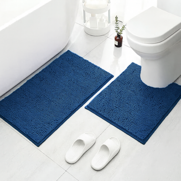 2 Piece Set Blue Soft Cozy Plush Chenille Bath Mat Bathroom Rug