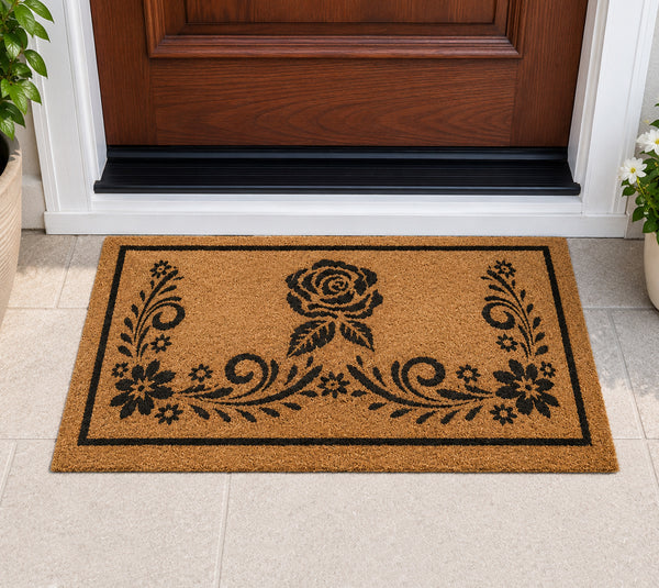 Heavy Duty Natural Coconut Coir Indoor/Outdoor Entryway Doormat Door Mat with Black Floral Rose Design - 17"x29"