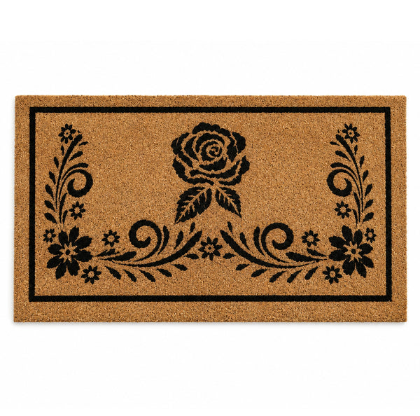 Heavy Duty Natural Coconut Coir Indoor/Outdoor Entryway Doormat Door Mat with Black Floral Rose Design - 17"x29"