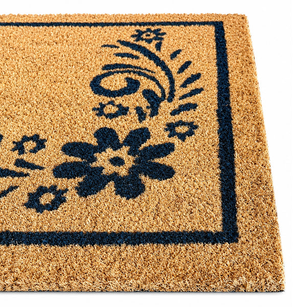 Heavy Duty Natural Coconut Coir Indoor/Outdoor Entryway Doormat Door Mat with Black Floral Rose Design - 17"x29"