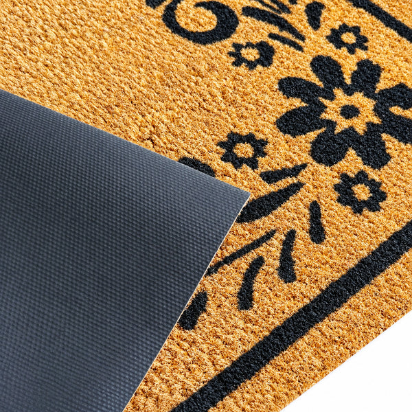 Heavy Duty Natural Coconut Coir Indoor/Outdoor Entryway Doormat Door Mat with Black Floral Rose Design - 17"x29"