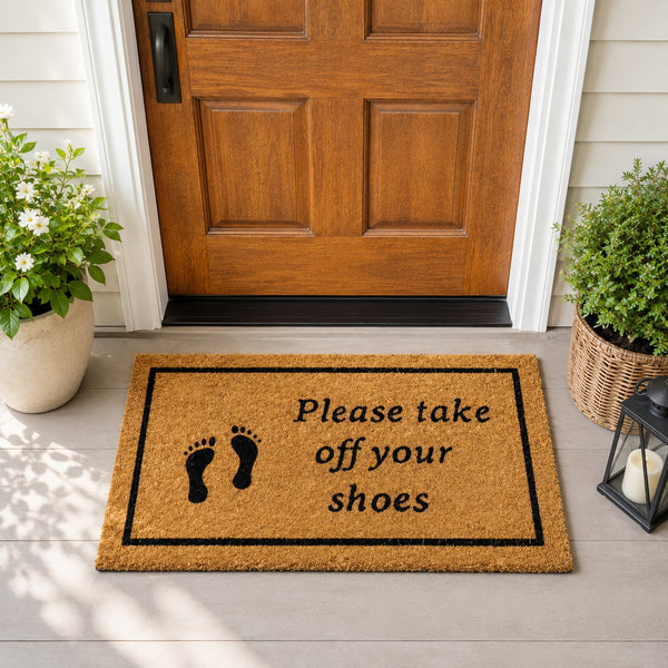 Heavy Duty “Please Take Off Your Shoes” Welcome Mat Natural Fiber Coconut Coir Doormat with Non-Slip Backing