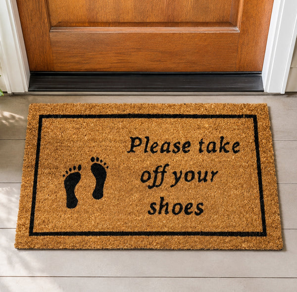 Heavy Duty “Please Take Off Your Shoes” Welcome Mat Natural Fiber Coconut Coir Doormat with Non-Slip Backing