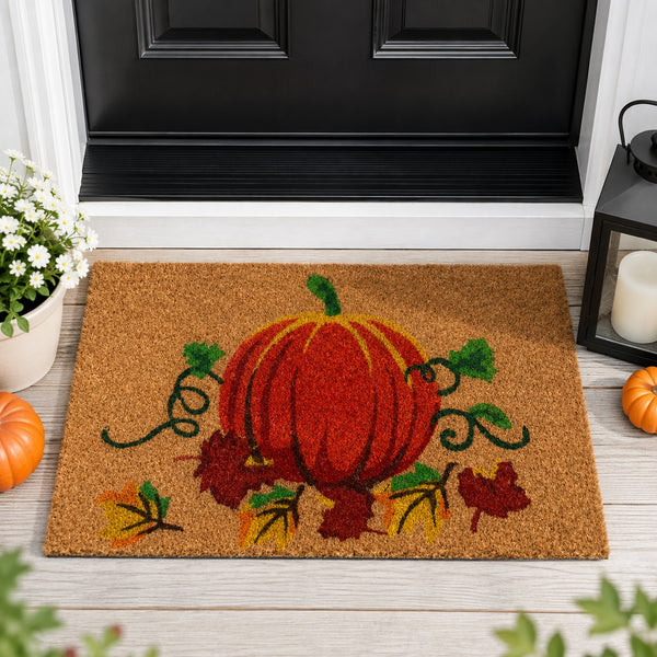 Heavy Duty Fall Beige Orange Pumpkin Coconut Coir Welcome Doormat Entryway Mat with Non-Slip Rubber Backing