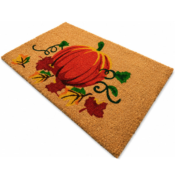 Heavy Duty Fall Beige Orange Pumpkin Coconut Coir Welcome Doormat Entryway Mat with Non-Slip Rubber Backing