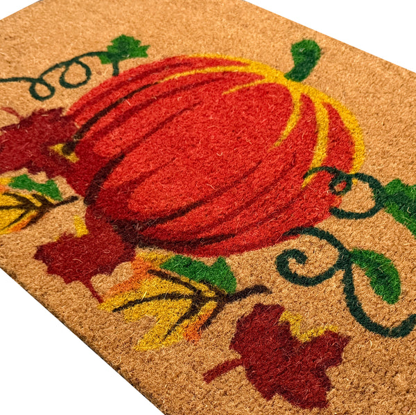 Heavy Duty Fall Beige Orange Pumpkin Coconut Coir Welcome Doormat Entryway Mat with Non-Slip Rubber Backing
