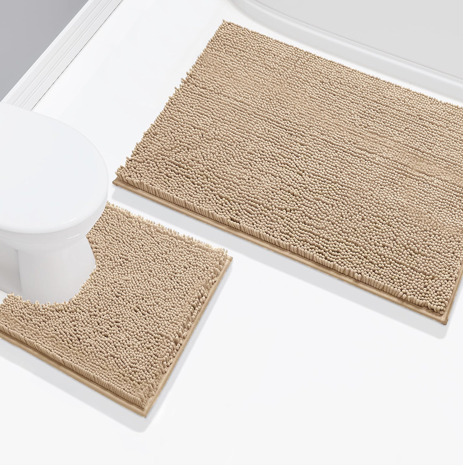2 Piece Set Beige Soft Cozy Plush Chenille Bath Mat Bathroom Rug