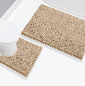 2 Piece Set Beige Soft Cozy Plush Chenille Bath Mat Bathroom Rug