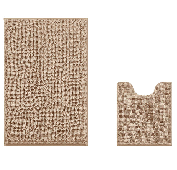 2 Piece Set Beige Soft Cozy Plush Chenille Bath Mat Bathroom Rug